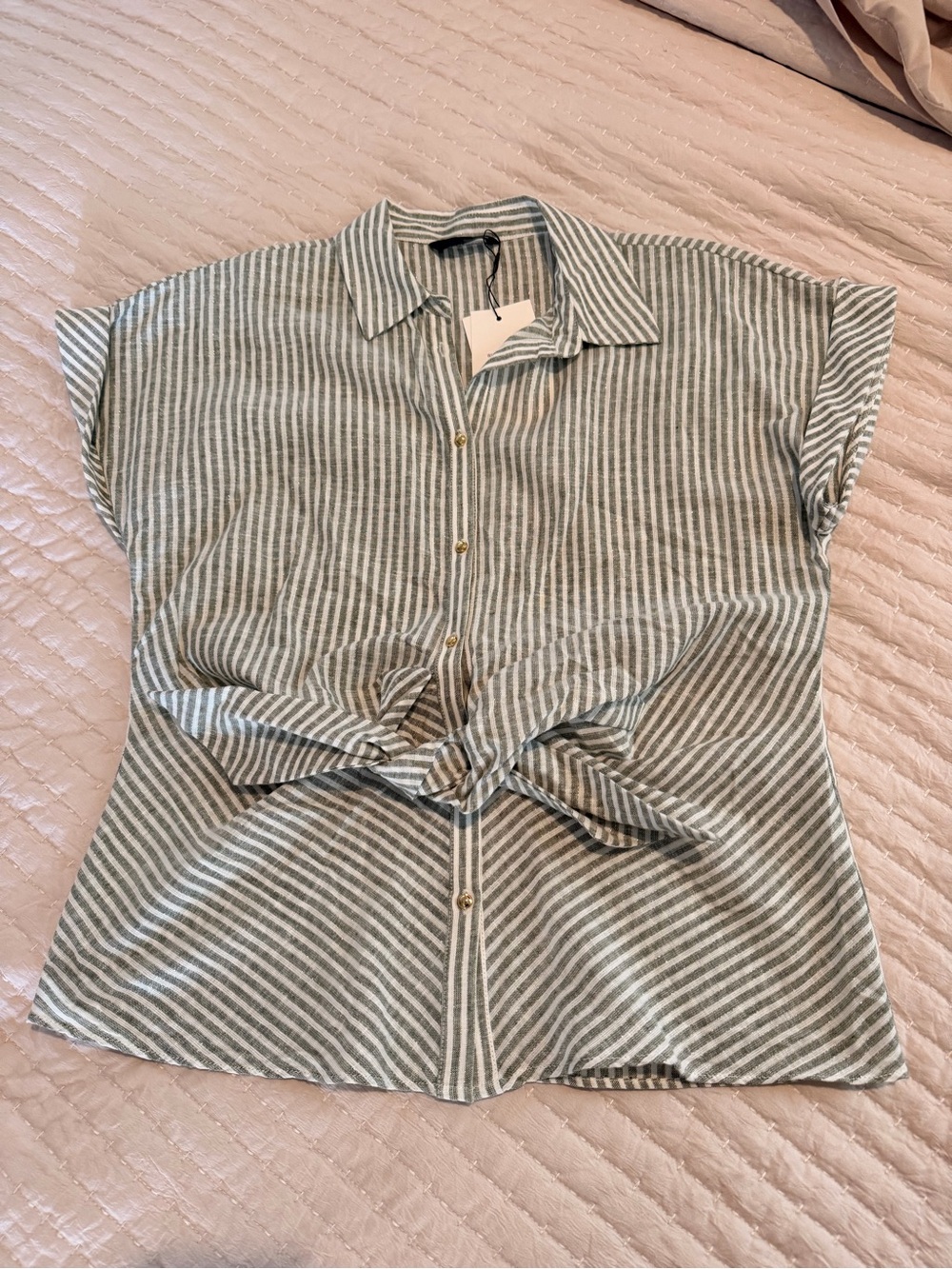 Zara Striped Short-Sleeve Button Front Shirt - Sage/White NWT